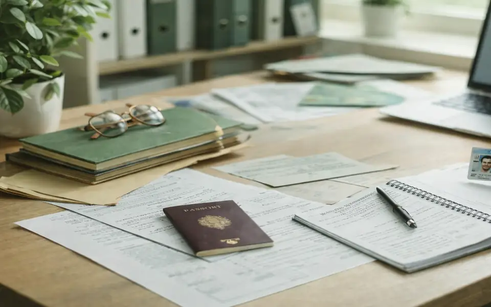 Bureau lumineux avec documents et ordinateur, ambiance vert vigne.