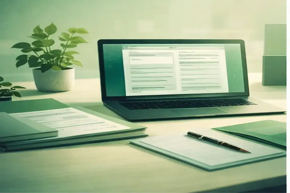 Espace de travail avec ordinateur et documents, atmosphère apaisée.