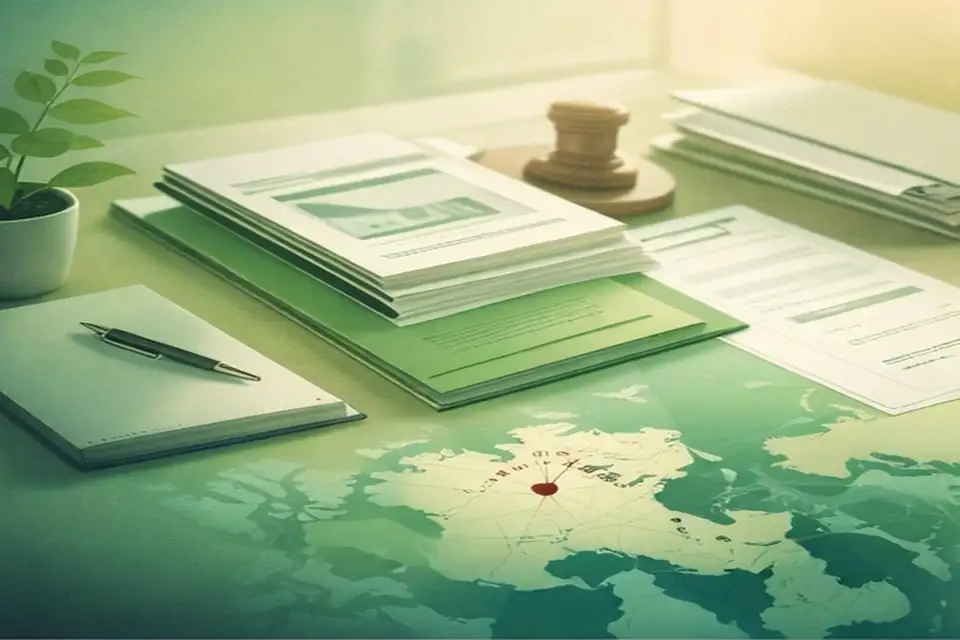 Dossier organisé avec documents, ambiance vert doux.