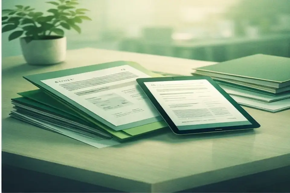 Documents et ordinateur sur un bureau, tons vert doux.