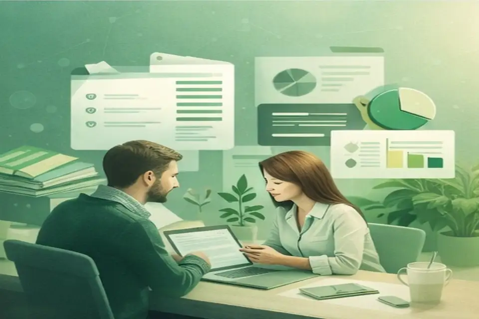 Échange professionnel autour d’un dossier, ambiance vert pastel.